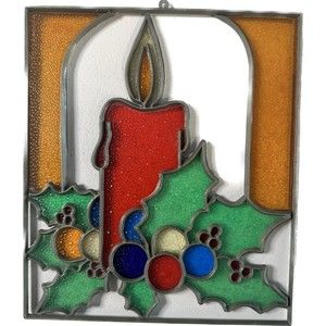 Vtg Crystalline Christmas Candle 9" Plastic Stained Glass Window Decoration